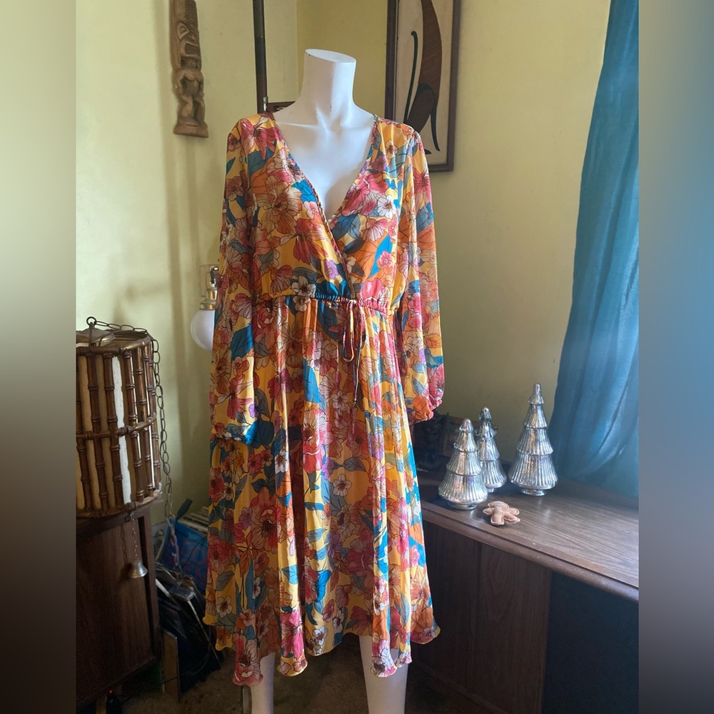 Ladies floral boho peasant pleated day dress hippie picnic retro party